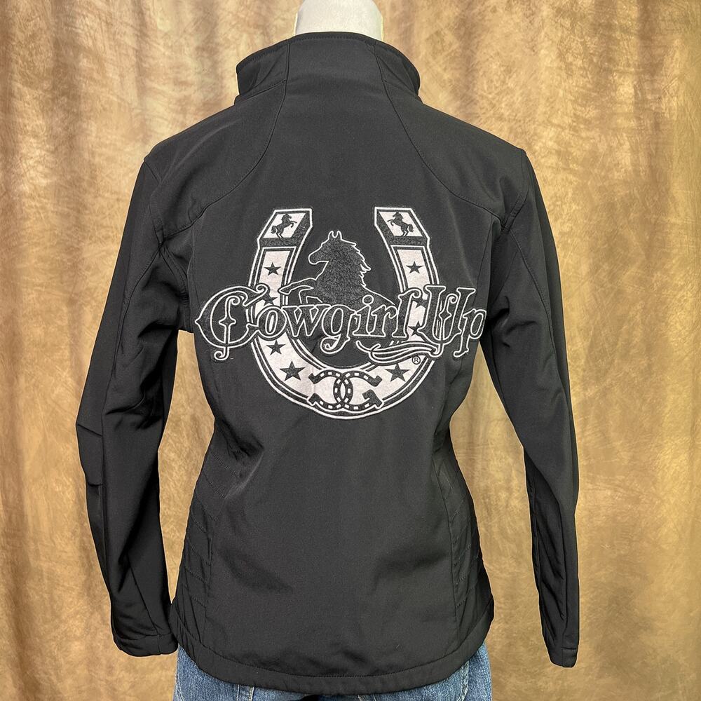 Vintage Y2K Cowgirl Up Jacket Black Fitted Zip Up Mock Neck Horse Rodeo Graphic